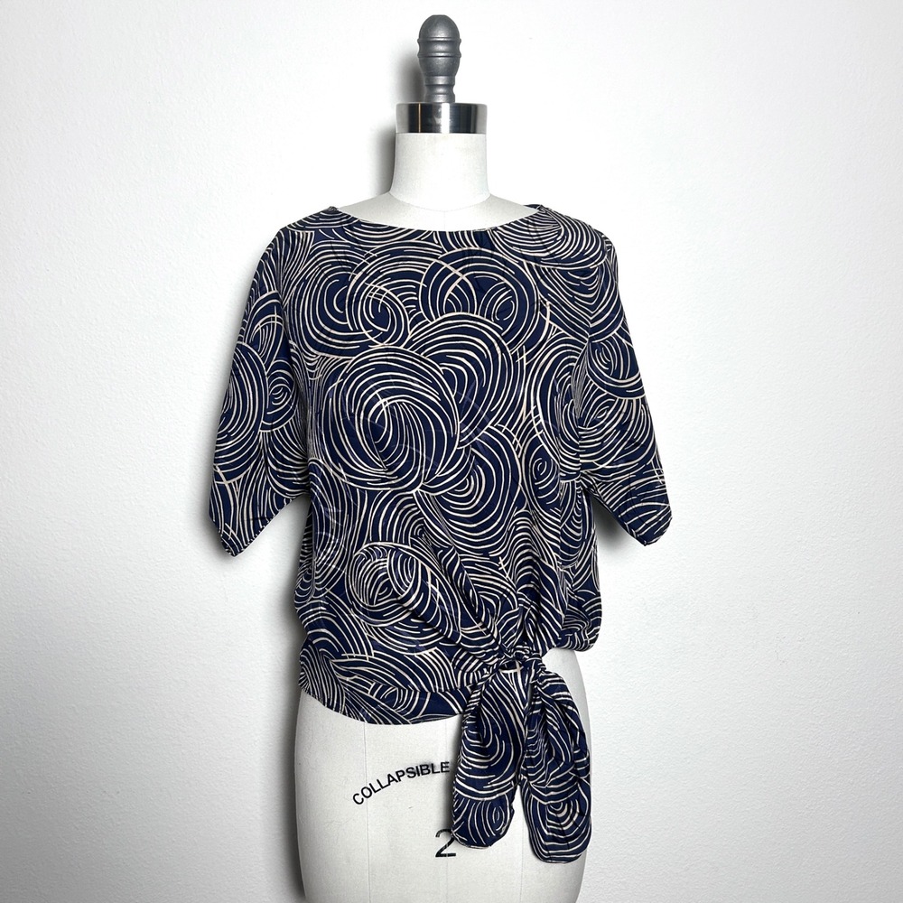 Raul Blanco Navy Blue 100% Silk Swirl Print Tie Front Blouse Top Womens Size 12